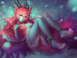 Size: 1339x1000 | Tagged: safe, artist:levaligress, canine, mammal, anthro, bell, blushing, bottomwear, breasts, butt, cape, clothes, collar, female, fur, gray body, gray fur, hair, hand on breast, holiday, horn, long hair, looking at you, lying down, multicolored fur, on back, open mouth, paw pads, paws, red hair, shorts, sitting, smiling, snow, solo, solo female, two toned body, two toned fur, underpaw, white body, white fur, yellow eyes