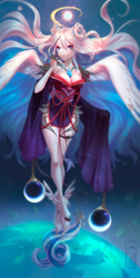 Size: 900x1787 | Tagged: safe, artist:levaligress, feline, mammal, anthro, asian clothing, big breasts, breasts, cleavage, clothes, dress, east asian clothing, feathered wings, feathers, female, fur, hair, japanese clothing, kimono (clothing), long hair, looking at you, ropeblue eyes, side slit, simple background, solo, solo female, space, white body, white fur, white hair, wings