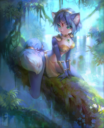 Size: 1000x1223 | Tagged: safe, artist:levaligress, krystal (star fox), canine, fox, mammal, anthro, nintendo, star fox, accessory, bandeau, blue body, blue fur, blue hair, body markings, breasts, cleavage, clothes, detailed background, dipstick tail, ear fluff, ears, female, flower, fluff, fur, green eyes, hair, hair accessory, hair band, jewelry, loincloth, multicolored fur, multicolored tail, necklace, no underwear, plant, shoulder pads, sitting, solo, solo female, tail, tail band, topwear, tree, tribal markings, two toned body, two toned fur, video game, vixen, white body, white fur