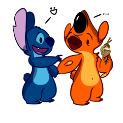 Size: 3000x3000 | Tagged: safe, artist:salty nebula, heat (lilo & stitch), stitch (lilo & stitch), alien, experiment (lilo & stitch), fictional species, semi-anthro, disney, lilo & stitch, ..., 2019, blue claws, blue nose, claws, digital art, duo, duo male, ears, emoticon, fluff, food, fur, head fluff, high res, holding, holding food, holding hands, ice cream, ice cream cone, male, males only, open mouth, open smile, orange fur, red nose, short tail, simple background, smiling, standing, tail, torn ear, transparent background