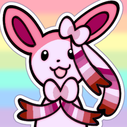 Size: 300x300 | Tagged: safe, alternate version, artist:raikissu, eeveelution, fictional species, sylveon, feral, nintendo, pokémon, 1:1, 2018, ambiguous gender, bust, low res, open mouth, pride flag, smiling, solo, solo ambiguous