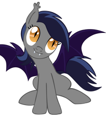 Size: 2300x2632 | Tagged: artist needed, safe, oc, oc only, oc:echo (/mlp/), bat pony, equine, fictional species, mammal, pony, feral, friendship is magic, hasbro, my little pony, /mlp/, bat wings, blue hair, ear tuft, eyelashes, fangs, female, fur, gray fur, hair, head tilt, high res, hooves, orange eyes, purple body, sharp teeth, simple background, sitting, slit pupils, solo, solo female, tail, teeth, transparent background, vector, webbed wings, wings