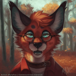 Size: 1280x1280 | Tagged: safe, artist:mylafox, oc, oc only, oc:scout (cwracal), caracal, feline, mammal, anthro, 2020, autumn, bust, cheek fluff, clothes, collar, colored tongue, digital art, digital painting, ear fluff, ear tuft, female, fluff, forest, front view, fur, glasses, hair, neck fluff, open mouth, orange fur, orange hair, outdoors, portrait, sharp teeth, signature, solo, solo female, teal eyes, teal tongue, teeth, tomboy, tongue, whiskers