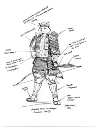Size: 612x792 | Tagged: safe, artist:baron engel, canine, fox, mammal, anthro, plantigrade anthro, armor, bow (weapon), clothes, headband, looking at you, male, sandals, shoes, solo, solo male, sword, traditional art, weapon