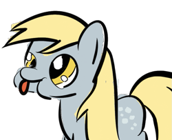 Size: 789x640 | Tagged: safe, artist:darkest hour, derpy hooves (mlp), equine, fictional species, mammal, pegasus, pony, feral, friendship is magic, hasbro, my little pony, 2018, bubbles, cutie mark, derp, digital art, female, fur, gray fur, hair, mane, mare, missing wings, puffy cheeks, reaction image, silly, simple background, solo, solo female, standing, tail, three-quarter view, tongue, tongue out, transparent background, yellow eyes, yellow hair