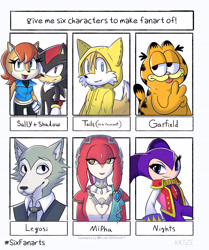 Size: 3000x3582 | Tagged: safe, artist:katzesart, garfield (garfield), legoshi (beastars), miles "tails" prower (sonic), mipha (zelda), princess sally acorn (sonic), shadow the hedgehog (sonic), canine, chipmunk, fictional species, fish, fox, mammal, nightmaren (nights), red fox, rodent, wolf, zora, anthro, humanoid, semi-anthro, six fanarts, archie sonic the hedgehog, beastars, garfield (comic), nights (series), nintendo, sega, sonic the hedgehog (series), the legend of zelda, 2020, clothes, crossover, dipstick tail, female, fluff, high res, male, multiple tails, necktie, nightmarian, nights (nights), nights into dreams, orange tail, quills, smiling, tail, tail fluff, two tails, white tail