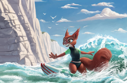 Size: 1834x1200 | Tagged: safe, artist:s1msy_sfw, oc, oc only, mammal, rodent, squirrel, anthro, ambient bird, ambient wildlife, ambiguous gender, clothes, cloud, fluff, looking at something, ocean, open mouth, rock, scenery, sky, solo, solo ambiguous, standing, surfboard, surfing, swimsuit, tail, tail fluff, water