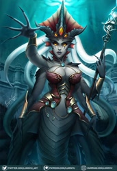 Size: 806x1181 | Tagged: safe, artist:luminyu_art, queen azshara (wow), fictional species, mammal, mollusk, octopus, humanoid, blizzard entertainment, world of warcraft, breasts, cecaelia, cleavage, clothes, female, glowing, glowing eyes, jewelry, looking at you, multiple arms, multiple eyes, solo, solo female, tentacles, trident, underwater, water