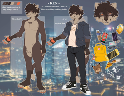 Size: 2048x1587 | Tagged: safe, artist:solarbyte, oc, oc only, oc:crow (sherwind), oc:ren (solarbyte), canine, cat, eevee, eeveelution, feline, fictional species, golden jackal, jackal, mammal, anthro, plantigrade anthro, nintendo, nintendo switch, pokémon, belt, bisexual, bottle, bottomwear, character name, cheek fluff, claws, clothes, drink, duo, duo male, ear fluff, elbow fluff, fangs, featureless crotch, fluff, food, fursona, glasses, heart, iphone, jacket, key, male, males only, nudity, one eye closed, pants, paw pads, paws, pizza, pubic fluff, reference sheet, sharp teeth, shirt, shoes, smiling, sneakers, solo focus, sparkles, tail, teeth, text, tongue, tongue out, topwear, wallet, watch, winking