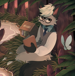 Size: 869x881 | Tagged: safe, artist:sherwind, raymond (animal crossing), arthropod, butterfly, cat, feline, insect, mammal, anthro, feral, animal crossing, animal crossing: new horizons, nintendo, 2d, ambient insect, ambient wildlife, book, cheek fluff, clothes, flower, fluff, glasses, grass, heterochromia, holding, holding book, holding object, male, necktie, outdoors, reading, reed, sitting, solo, solo male, tail, topwear, tree, vest, water