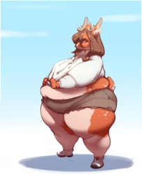 Size: 1071x1310 | Tagged: suggestive, artist:cozynakovich, cervid, mammal, anthro, bbw, belly, big belly, bottomwear, brown hair, clothes, fat, floppy ears, hair, huge belly, hyper, jacket, male, moobs, morbidly obese, obese, overweight, shorts, simple background, solo, solo male, ssbbw, thick thighs, thighs, tight clothing, topwear, wide hips