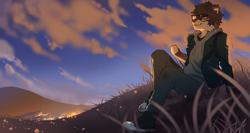 Size: 1500x800 | Tagged: safe, artist:solarbyte, oc, oc only, oc:ren (solarbyte), cat, feline, mammal, anthro, plantigrade anthro, clothes, cloud, grass, jacket, male, shoes, sitting, smiling, sneakers, solo, solo male, stars, tail, topwear