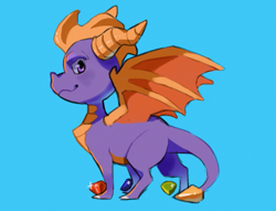 Size: 717x547 | Tagged: safe, artist:solarbyte, spyro the dragon (spyro), dragon, fictional species, western dragon, feral, spyro the dragon (series), blue background, gem, horns, looking at you, male, simple background, smiling, solo, solo male, spread wings, tail, wings