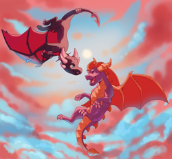 Size: 1598x1478 | Tagged: safe, artist:solarbyte, cynder the dragon (spyro), spyro the dragon (spyro), dragon, fictional species, western dragon, feral, spyro the dragon (series), the legend of spyro, 2017, claws, cloud, dragoness, duo, female, flying, horn, looking at each other, male, open mouth, sharp teeth, smiling, spread wings, tail, tail band, teeth, wings
