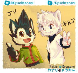 Size: 1021x961 | Tagged: safe, artist:kylie dracani, canine, cat, dog, feline, mammal, anthro, hunter x hunter, blushing, cheek fluff, clothes, duo, duo male, fluff, furrified, gesture, gon freecss (hxh), grin, japanese text, killua zoldyck (hxh), looking at you, male, males only, open mouth, paw pads, paws, peace sign, shirt, signature, smiling, text, thumbs up, topwear, translation request