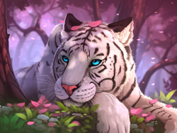 Size: 2150x1604 | Tagged: safe, artist:yakovlev-vad, big cat, feline, mammal, tiger, feral, lifelike feral, ambiguous gender, forest, lying down, non-sapient, petals, realistic, solo, solo ambiguous, teal eyes, white tiger