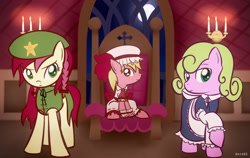 Size: 1280x808 | Tagged: safe, artist:asktheflowertrio, artist:why485, flower wishes (mlp), hong meiling (touhou), lily valley (mlp), remilia scarlet (touhou), roseluck (mlp), sakuya izayoi (touhou), earth pony, equine, fictional species, mammal, pony, feral, friendship is magic, hasbro, my little pony, touhou, bottomwear, clothes, cosplay, crossover, dress, female, feralized, furrified, hat, maid outfit, mare, on model, skirt, trio, trio female