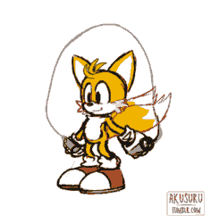 Size: 339x359 | Tagged: safe, artist:akusuru, miles "tails" prower (sonic), canine, fox, mammal, red fox, semi-anthro, sega, sonic the hedgehog (series), 2015, 2d, 2d animation, animated, clothes, dipstick tail, featured image, fluff, frame by frame, fur, gif, jump rope, jumping, low res, male, multiple tails, orange tail, shoes, simple background, sneakers, solo, solo male, tail, tail fluff, two tails, white background, white body, white fur, white tail, yellow body, yellow fur