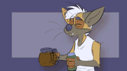 Size: 960x540 | Tagged: source needed, safe, artist:coyoteesquire, oc, oc only, oc:nikola (coyoteesquire), canine, coyote, mammal, anthro, 16:9, 2d, 2d animation, animated, coffee, drink, frame by frame, gif, male, solo, solo male