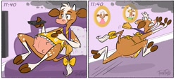 Size: 2048x926 | Tagged: safe, artist:strawbear_arts, artist:toontailscomics, collaboration, bovid, cattle, cow, mammal, anthro, unguligrade anthro, 2d, bow, comic, couch, cowbell, elbow fluff, female, fluff, fur, hair, hooves, horns, orange fur, picture frame, pillow, remote, running, shoulder fluff, smoke, solo, solo female, tail, tail bow, tv, udders, ungulate, watching tv, white fur, white hair
