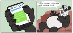 Size: 2048x936 | Tagged: safe, artist:strawbear_arts, artist:toontailscomics, collaboration, bear, mammal, panda, anthro, big belly, black fur, comic, couch, cushion, elbow fluff, fluff, fur, head fluff, leg fluff, male, neck fluff, onomatopoeia, paw pads, paws, phone, shoulder fluff, solo, solo male, speech bubble, text, text message, white fur