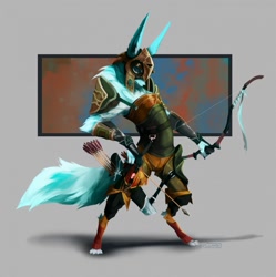 Size: 1277x1280 | Tagged: safe, artist:purplelemons, arctic fox, canine, fox, mammal, anthro, digitigrade anthro, armor, arrow, bow (weapon), male, solo, solo male, weapon