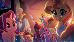 Size: 4444x2500 | Tagged: safe, artist:light262, applejack (mlp), discord (mlp), fluttershy (mlp), pinkie pie (mlp), rainbow dash (mlp), rarity (mlp), spike (mlp), starlight glimmer (mlp), sunset shimmer (mlp), tempest shadow (mlp), trixie (mlp), twilight sparkle (mlp), alicorn, draconequus, dragon, equine, fictional species, mammal, pegasus, pony, unicorn, western dragon, anthro, feral, semi-anthro, friendship is magic, hasbro, my little pony, my little pony: the movie, broken horn, cute, eye scar, female, flying, horn, looking at you, magical artifact, male, mane six (mlp), mare, older, scar, wings