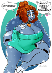 Size: 1700x2375 | Tagged: suggestive, artist:arnachy, oc, oc only, oc:geeflakes, lagomorph, mammal, rabbit, anthro, cc by-nc-nd, creative commons, abstract background, amber eyes, barefoot, blue body, blue fur, bottomless, breasts, brown hair, claws, cleavage, clothes, dialogue, ears, female, fur, hair, hands, heart, illustration, jewelry, looking at you, necklace, nudity, partial nudity, sentient ears, signature, sitting, solo, solo female, speech bubble, sweater, talking, talking to viewer, text, topwear