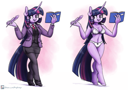 Size: 3200x2270 | Tagged: suggestive, artist:king-kakapo, twilight sparkle (mlp), equine, fictional species, mammal, pony, unicorn, anthro, unguligrade anthro, friendship is magic, hasbro, my little pony, anthrofied, book, bottomwear, bra, breasts, clothes, curved horn, female, fur, high res, hoof shoes, hooves, horn, jacket, lingerie, looking at you, mare, necktie, panties, purple body, purple eyes, purple fur, quill pen, ribbon, shirt, simple background, skirt, skirt suit, smiling, solo, solo female, suit, topwear, underwear, vest, white background, white underwear