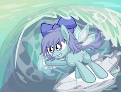 Size: 1022x782 | Tagged: safe, artist:cazra, cirno (touhou), equine, fairy, fairy pony, fictional species, mammal, pony, feral, friendship is magic, hasbro, my little pony, touhou, bow, crossover, female, feralized, ice, ice fairy, mare, ponified, solo, solo female, species swap, surfboard, surfing, water