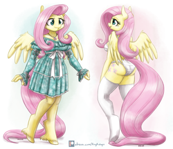 Size: 2250x1948 | Tagged: suggestive, artist:king-kakapo, fluttershy (mlp), equine, fictional species, mammal, pegasus, pony, anthro, unguligrade anthro, friendship is magic, hasbro, my little pony, 2020, adorasexy, anthrofied, breasts, butt, clothes, cute, cyan eyes, female, fur, hair, hooves, legwear, lingerie, mare, panties, patreon, patreon logo, pink hair, sexy, socks, solo, solo female, spread wings, thigh highs, underwear, white underwear, wings, yellow body, yellow fur