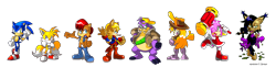 Size: 4970x1206 | Tagged: safe, artist:nextgrandcross, amy rose (sonic), antoine d'coolette (sonic), bunnie rabbot (sonic), miles "tails" prower (sonic), nicole the holo-lynx (sonic), princess sally acorn (sonic), rotor the walrus (sonic), sonic the hedgehog (sonic), canine, chipmunk, coyote, feline, fox, hedgehog, lagomorph, lynx, mammal, rabbit, red fox, rodent, walrus, anthro, archie sonic the hedgehog, sega, sonic the hedgehog (series), 2011, 3 toes, backwards ballcap, baseball cap, black hair, blue body, blue eyes, blue fur, blue tail, boots, brown body, brown fur, brown tail, cap, cheek fluff, claws, clothes, cowboy hat, cybernetics, digital art, dress, ear fluff, ear tuft, female, fluff, freedom fighters (sonic), fur, glasses, green eyes, group, hair, hammer, hat, head fluff, headband, hologram, jacket, male, multiple tails, one eye closed, orange tail, paws, piko piko hammer, pink body, pink fur, purple body, quills, shoes, simple background, sneakers, tail, tan body, tan fur, topwear, transparent background, tusks, two tails, vest, winking, yellow body, yellow fur, yellow hair