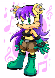 Size: 1350x1910 | Tagged: safe, artist:arung98, mina mongoose (sonic), mammal, mongoose, anthro, archie sonic the hedgehog, sega, sonic the hedgehog (series), 2017, belt, boots, bottomwear, clothes, digital art, ear piercing, earring, female, fur, gloves, green eyes, hair, musical note, piercing, purple hair, shoes, shorts, solo, solo female, tail, tank top, topwear, yellow body, yellow fur, yellow tail