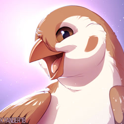 Size: 700x700 | Tagged: safe, artist:kyander, bird, songbird, sparrow, feral, 2018, abstract background, ambiguous gender, beak, brown eyes, brown feathers, bust, cheek fluff, cute, digital art, feathers, fluff, happy, looking at you, open beak, open mouth, portrait, signature, tan feathers, tongue
