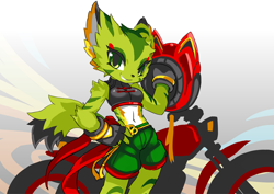Size: 1280x905 | Tagged: safe, artist:tysontan, carol tea (freedom planet), cat, feline, mammal, anthro, cc by-sa, creative commons, freedom planet, abstract background, belly button, black body, black fur, bottomwear, clothes, countershading, crop top, dipstick tail, female, fingerless gloves, fur, gloves, green body, green fur, midriff, motorcycle, motorcycle helmet, ribbon, shorts, solo, solo female, tail, topwear, vehicle