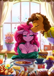 Size: 1979x2800 | Tagged: safe, artist:fidzfox, cheese sandwich (mlp), pinkie pie (mlp), earth pony, equine, fictional species, mammal, pony, anthro, friendship is magic, hasbro, my little pony, 2020, anthrofied, apron, big breasts, blushing, bread, breasts, cheesepie (mlp), cleavage, clothes, duo, egg, eyes closed, female, feral/feral, floppy ears, flower, food, fork, glass, heart, high res, juice, kiss on the forehead, lidded eyes, male, male/female, mare, musical note, pancakes, pastry, radio, shipping, shirt, sleepy, smiling, stallion, table, topwear, window