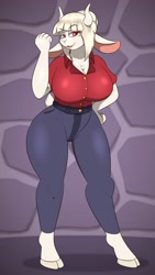 Size: 2160x3840 | Tagged: safe, artist:johnmarten, lucifer (helltaker), bovid, demon, fictional species, goat, mammal, anthro, unguligrade anthro, helltaker, 9:16, big breasts, bottomwear, breasts, clothes, cloven hooves, female, flexing, fur, goat lucifer, hair, high res, hooves, horns, open mouth, open smile, pants, phone, red eyes, shirt, smiling, solo, solo female, species swap, tail, topwear, voluptuous, white body, white fur, white hair, wide hips