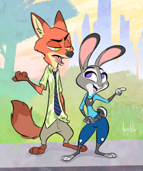 Size: 1000x1198 | Tagged: safe, artist:birchly, judy hopps (zootopia), nick wilde (zootopia), canine, fox, lagomorph, mammal, rabbit, red fox, anthro, plantigrade anthro, disney, zootopia, blue eyes, clothes, duo, female, fur, green eyes, lidded eyes, male, no pupils, open mouth, paws, police, smiling, tail, tongue