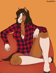 Size: 982x1280 | Tagged: safe, artist:destabilizer, equine, horse, mammal, anthro, unguligrade anthro, blue eyes, breasts, cleavage, clothes, female, flannel shirt, hooves, lidded eyes, looking at you, panties, shirt, smiling, solo, solo female, topwear, underwear