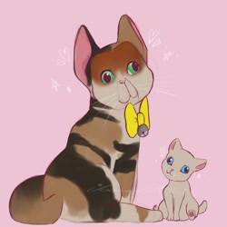 Size: 1080x1080 | Tagged: safe, artist:terato.lust, cat, feline, mammal, feral, the sims, 2020, bow tie, clothes, derp, duo, kitten, male, paw pads, paws, pink background, simple background, smiling, underpaw, young