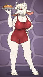 Size: 2160x3840 | Tagged: suggestive, alternate version, artist:johnmarten, lucifer (helltaker), bovid, demon, fictional species, goat, mammal, anthro, unguligrade anthro, helltaker, 9:16, apron, big breasts, bottomwear, breasts, clothes, cloven hooves, eyebrow through hair, eyebrows, female, flexing, food, fur, goat lucifer, hair, high res, hooves, horns, naked apron, nudity, open mouth, open smile, pants, partial nudity, phone, red eyes, shirt, smiling, solo, solo female, species swap, standing, tail, topwear, voluptuous, white body, white fur, white hair, wide hips