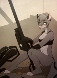 Size: 937x1280 | Tagged: safe, artist:satoriushiro, big cat, feline, mammal, snow leopard, anthro, digitigrade anthro, belly button, bullet, clothes, crop top, female, gun, heart, looking at you, optical sight, rifle, sniper rifle, solo, solo female, topwear, weapon, yellow eyes
