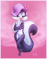 Size: 800x1000 | Tagged: safe, artist:birchly, fifi la fume (tiny toon adventures), mammal, skunk, anthro, plantigrade anthro, tiny toon adventures, warner brothers, bow, bra, clothes, female, hair bow, lidded eyes, looking at you, panties, smiling, solo, solo female, underwear