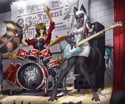 Size: 1280x1062 | Tagged: safe, artist:jesonite, canine, cat, dog, feline, mammal, rodent, squirrel, anthro, digitigrade anthro, clothes, crowd, dress, drum, eyepatch, female, guitar, heart, high heels, male, microphone, musical instrument, shoes, smiling, stage