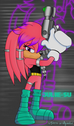 Size: 1535x2618 | Tagged: safe, artist:sierra-windguardian, julie-su the echidna (sonic), echidna, mammal, monotreme, anthro, archie sonic the hedgehog, cc by-nc-nd, creative commons, sega, sonic the hedgehog (series), 2013, abstract background, belt, boots, clothes, cybernetics, digital art, female, fur, gloves, gun, hand hold, head fluff, holding, pink body, pink fur, purple eyes, quills, shoes, solo, solo female, tank top, text, topwear, weapon