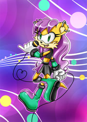 Size: 700x977 | Tagged: safe, artist:jade-the-tiger, mina mongoose (sonic), mammal, mongoose, anthro, archie sonic the hedgehog, cc by-nc-nd, creative commons, sega, sonic the hedgehog (series), 2013, abstract background, boots, bottomwear, cheek fluff, clothes, cord, digital art, ear piercing, earring, female, fluff, fur, gloves, green eyes, hair, hand hold, holding, microphone, open mouth, piercing, purple hair, shoes, skirt, solo, solo female, tail, tank top, topwear, yellow body, yellow fur, yellow tail
