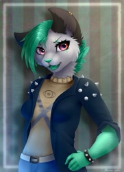 Size: 1446x1997 | Tagged: safe, artist:blooming-lynx, cat, feline, mammal, anthro, belt, bottomwear, clothes, colored tongue, commission, ear piercing, earring, fangs, female, fur, green body, green fur, green hair, green nose, green tongue, hair, hands, jacket, mohawk, open mouth, pants, piercing, pink eyes, sharp teeth, simple background, spiked bracelet, teeth, tongue, topwear, white background, white body, white fur