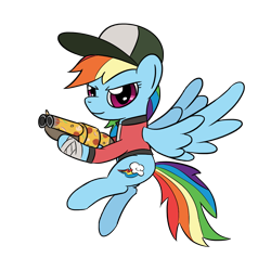 Size: 1280x1280 | Tagged: safe, artist:darkest hour, rainbow dash (mlp), scout (tf2), equine, fictional species, mammal, pegasus, pony, semi-anthro, series:darkest hour's team fortress 2 classes, friendship is magic, hasbro, my little pony, team fortress 2, valve, 2018, bandage, baseball cap, blue body, blue fur, cap, clothes, cloud, crossover, cutie mark, determined, digital art, female, firearm, flying, food, fur, gun, hair, hat, holding, hoof hold, hooves, jacket, looking at you, mane, mare, pizza, pizza delivery, purple eyes, rainbow hair, sawed off shotgun, scattergun (tf2), scout, shirt, shotgun, side view, simple background, smiling, solo, solo female, spread wings, t-shirt, tail, topwear, transparent background, video game, weapon, wings