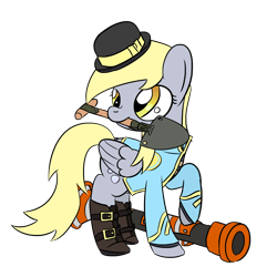 Size: 1280x1280 | Tagged: safe, artist:darkest hour, derpy hooves (mlp), soldier (tf2), equine, fictional species, mammal, pegasus, pony, feral, series:darkest hour's team fortress 2 classes, friendship is magic, hasbro, my little pony, team fortress 2, valve, 2018, boots, bowler hat, bubbles, clothes, crossover, cutie mark, derp, digital art, female, folded wings, fur, gray body, gray fur, hair, hat, holding, hooves, hornblower (tf2), jacket, mane, mantreads (tf2), mare, market gardener (tf2), melee weapon, mouth hold, raised leg, ribbon, rocket jumper (tf2), rocket launcher, shoes, shovel, simple background, soldier, solo, solo female, standing, tail, topwear, transparent background, video game, weapon, wings, yellow eyes, yellow hair