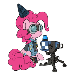 Size: 1280x1280 | Tagged: safe, artist:darkest hour, engineer (tf2), pinkie pie (mlp), earth pony, equine, fictional species, mammal, pony, feral, series:darkest hour's team fortress 2 classes, friendship is magic, hasbro, my little pony, team fortress 2, valve, 2018, badge, balloon, braces, clothes, crossover, cutie mark, digital art, engineer, female, fur, goggles, gun, gunslinger (tf2), hair, hat, heartfelt hug (tf2), hooves, lamp, machine, mane, mare, medal, mini-sentry gun (tf2), party hat, party hat (tf2), pink body, pink fur, pink hair, pyrovision goggles (tf2), sentry gun, sentry gun (tf2), shirt, simple background, sitting, smiling, solo, solo female, three-quarter view, topwear, transparent background, video game, weapon
